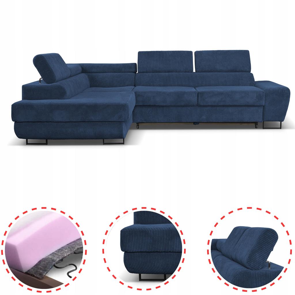 Corner Sofa, Foldable, F, Sleeping, Savio, Left, Family Furniture, Navy Blue, Corduroy