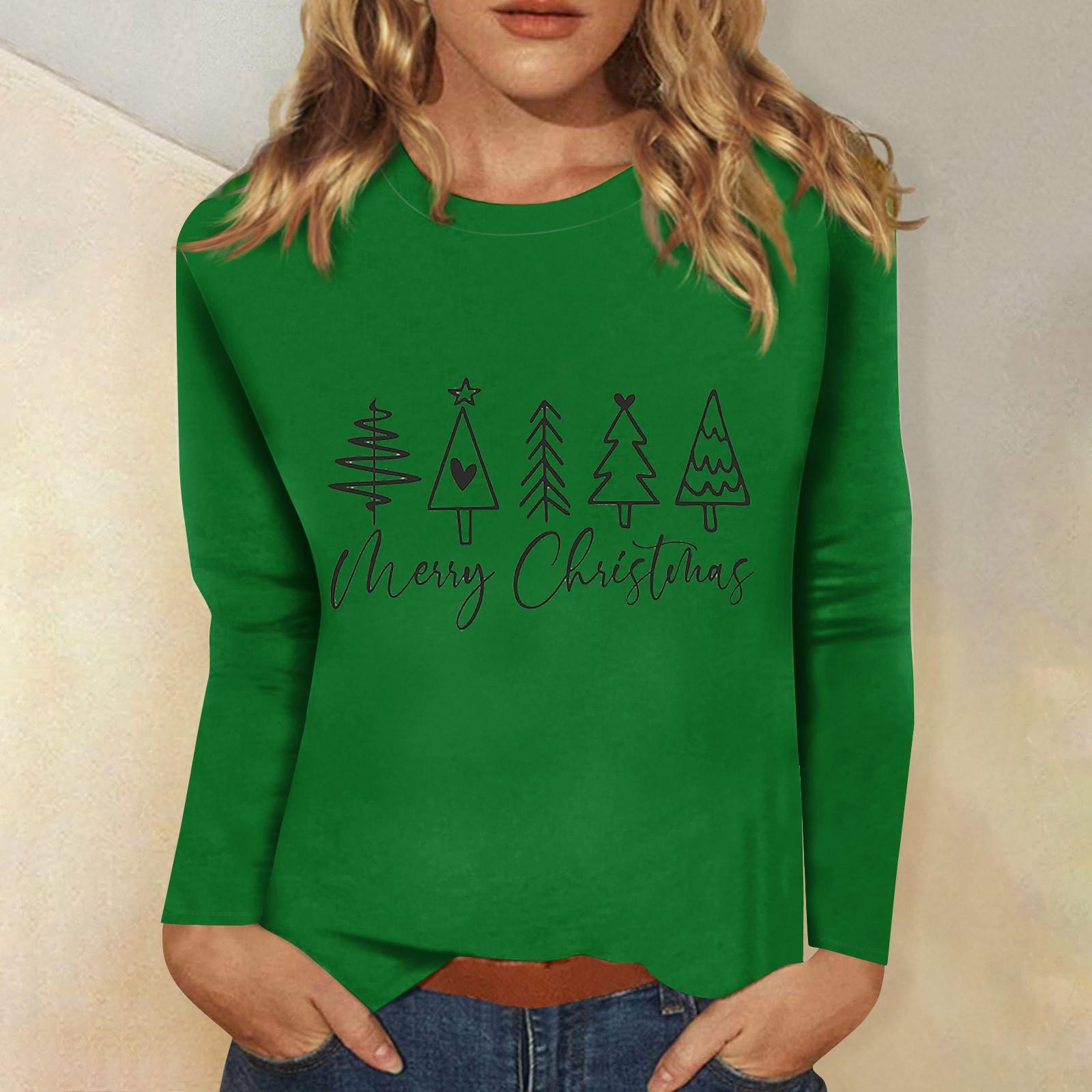 

Женский повседневный повседневный топ с длинными рукавами и рождественским принтом с круглым вырезом L темно-зеленого