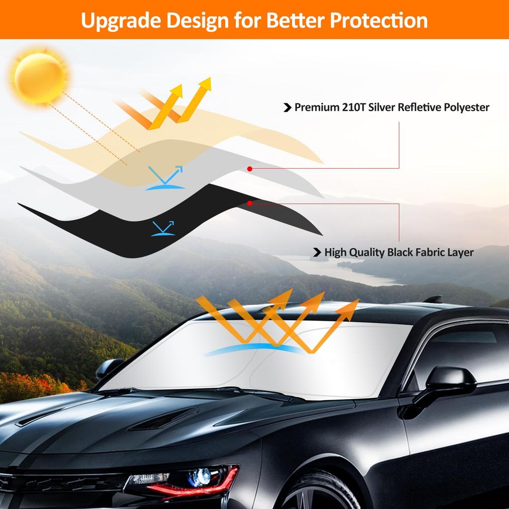 Windschutzscheiben-Sonnenschutz für Chevrolet Camaro 2016 2017 2018 2019 2020 2021 2022 Faltbarer Front Sonnenschutz Blocker UV 6. Gen Camaro Fensterblende Innenraum