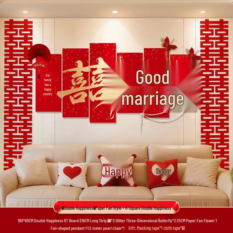 Bröllops vardagsrumsdekor: Bakgrundsvägg och soffgrupp med dubbel lycka