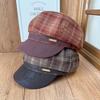British Retro Plaid Octagonal Hat Women's Autumn and Winter Leather Brim Big Head Circumference Shows Small Face Going Out Newsboy Hat Wholesale