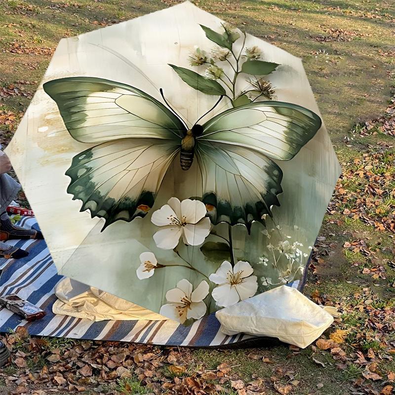1PC Butterfly White Flowers Automatic Open/Close Umbrella with Windproof, 8-Rib Sturdy Canopy, Durable Ribs, Fashionable Design,1264