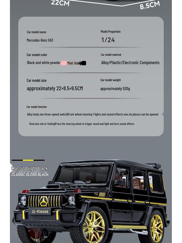 1:24 G63 Alloy Off-Road Toy Car, Six-Doors Open, Light & Sound, Pull-Back Action for Kids