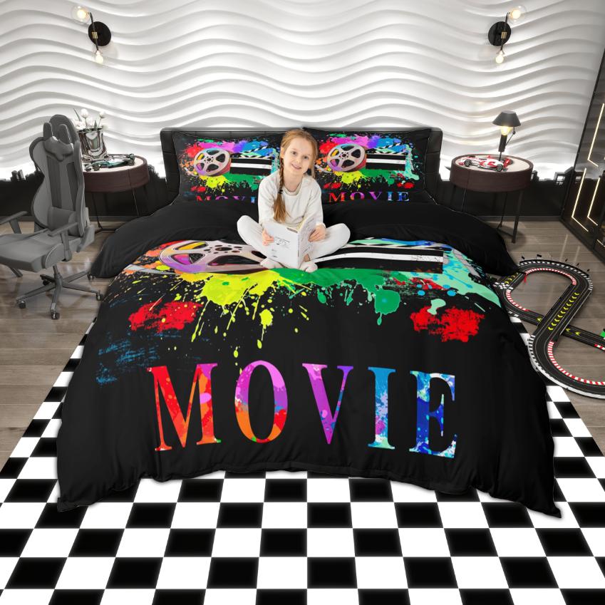 Homewish Retro Movie Duvet Cover Set Film Popcorn Bedding Set Cinema Theme Bedroom Set Room Decor
