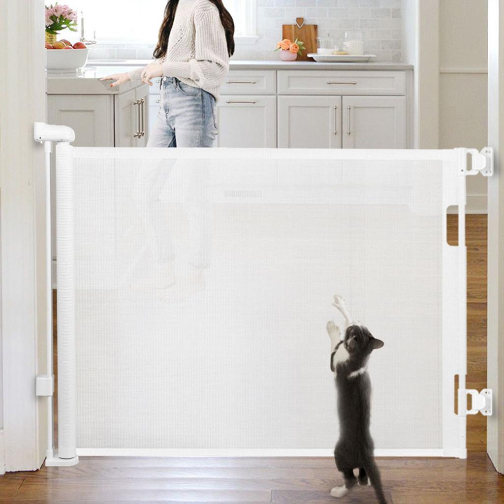 Retractable Pet Gates, 140cm Falling Prevention Cat Dog Mesh Gate with   Width & Screw Drilling Fixing Design, Tear Proof Pet Door for Cats,