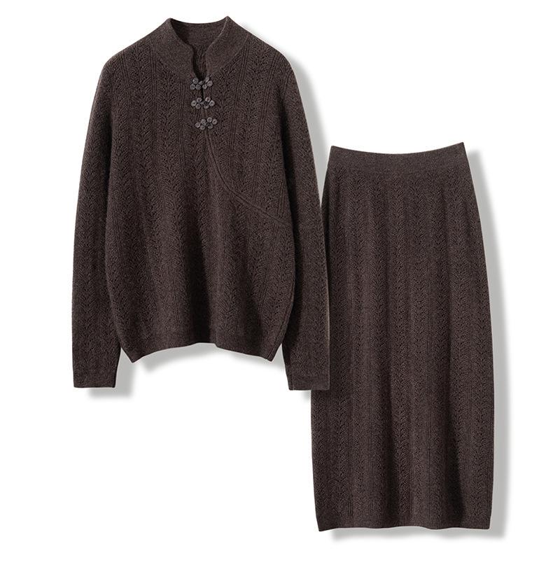 Women's Cashmere Knitted Suit with Chinese Stand Collar and Hollow Skirt, Perfect for Autumn/Winter.