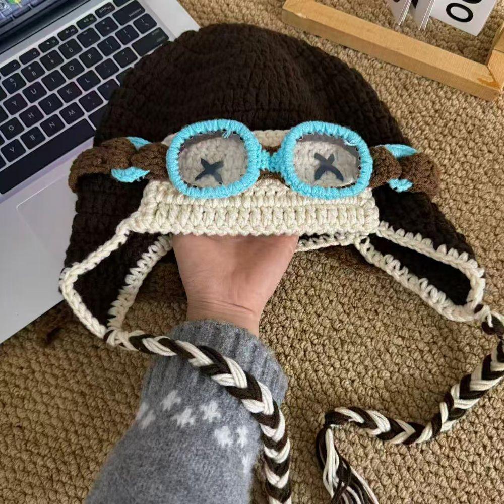 Windproof Knitted Beanie Crocheted Earflap Cap Casual Winter Pilot Hat With Goggles  Cycling