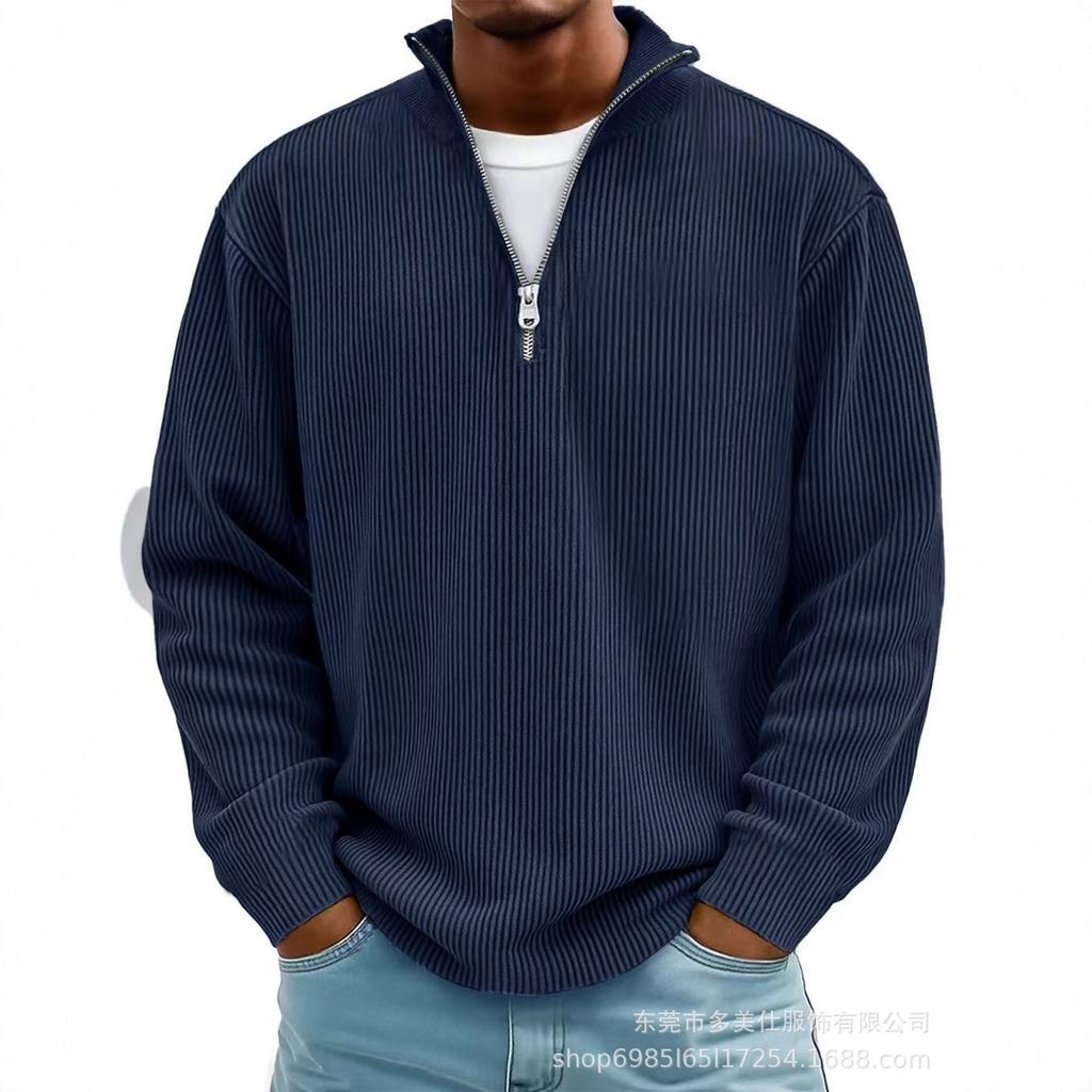 Men's Light Blue Half-Zip Knit Polo with Ribbed Texture