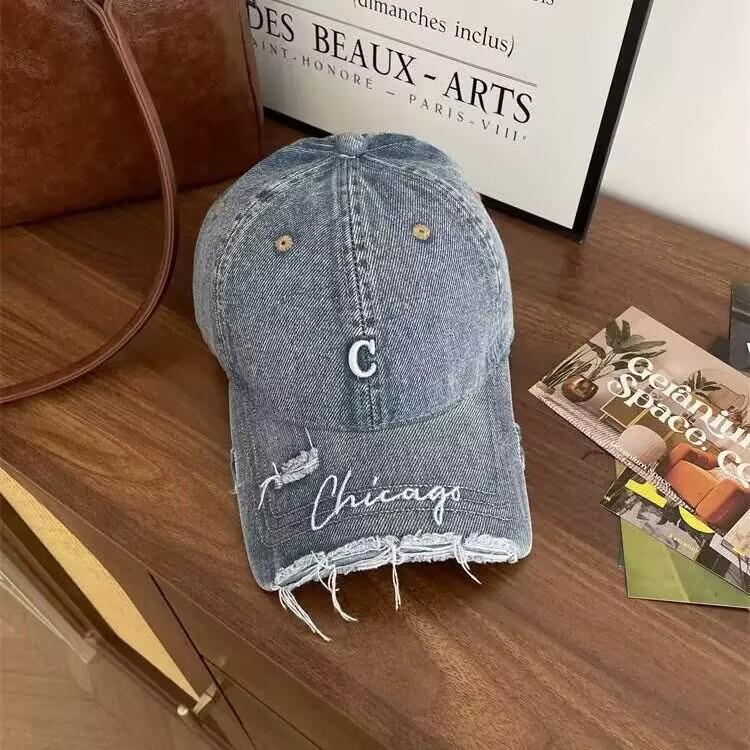 Retro Small C Old Ripped Cap Women's Spring and Autumn Versatile Personality Soft Top Broken Brim Washed Cowboy Baseball Hat