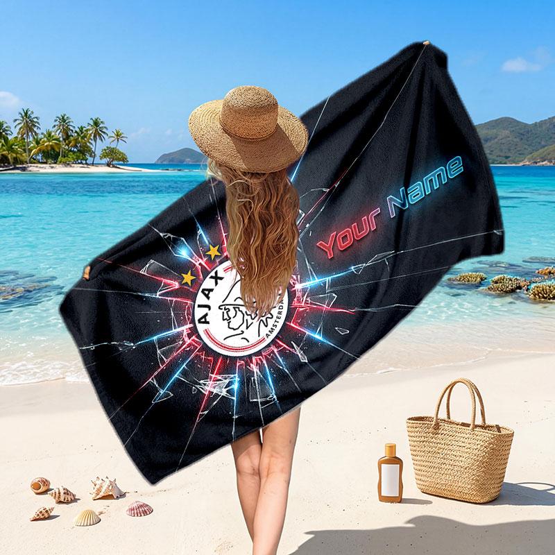 Asciugamano da Spiaggia Personalizzato Ajax Amsterdam, Stampa Testo Nome Personalizzato, Asciugamano Morbido Asciugatura Rapida con Logo Calcio, Regalo per le Vacanze