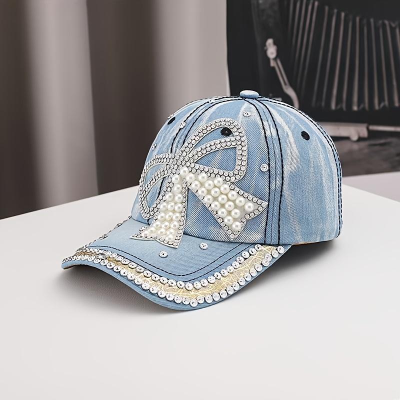 

1pc Baseball Cap Handmade Rhinestone Bow Fashion Butterfly Brim Hat Suitable for Outdoor Hiking, Beach Outings, and Street Drawing светло-синий