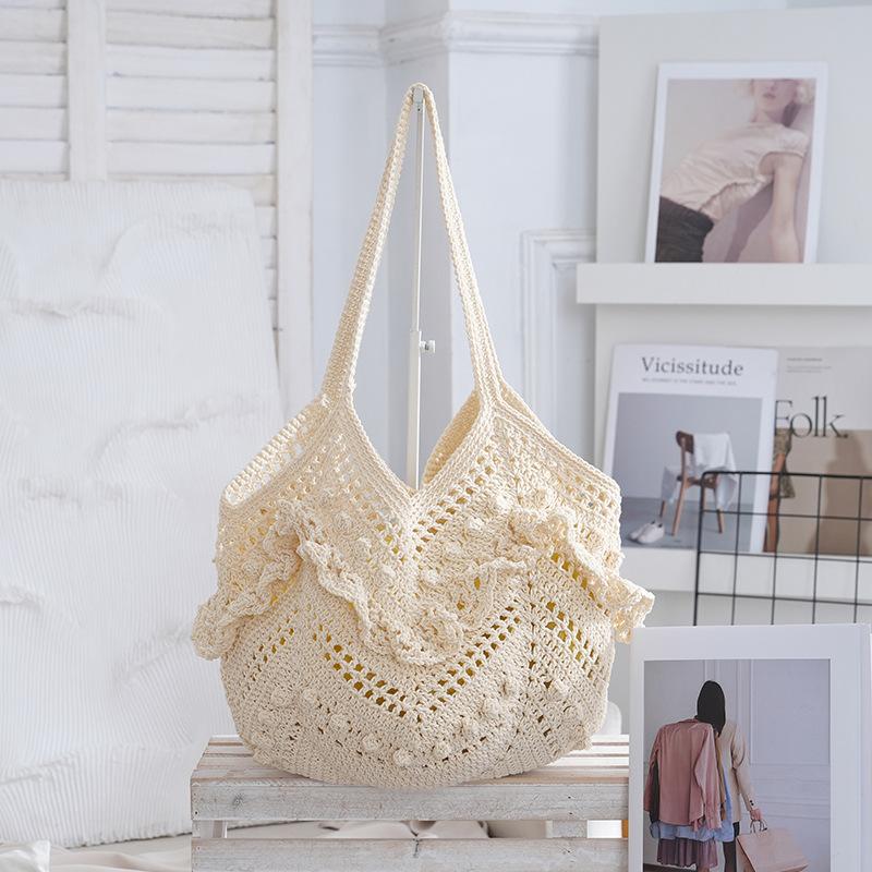 

Women s Handmade Woven Shoulder Bag Hollow Out Design Tote Bag Minority Style Beach Vacation Handbag білий