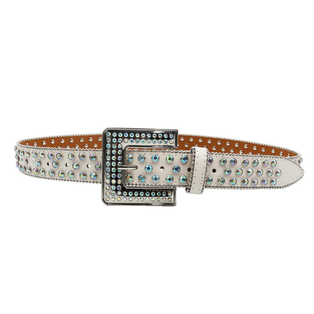 New Trendy PU Leather Belt with Rhinestone Square Buckle - Y2K Western Style