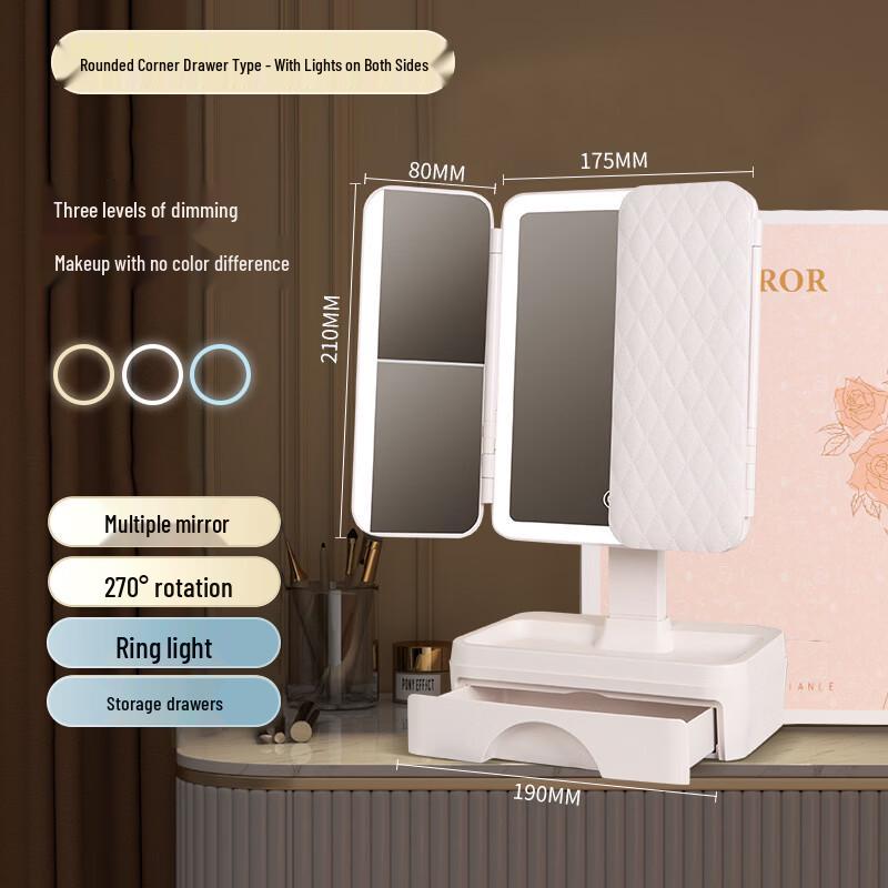 Oenyled Foldable LED Makeup Mirror with Storage Drawer