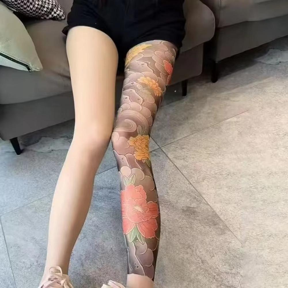 Mesh Women's Sexy Printed Tights Fake Tattoo High Pantyhose New Peony Pantyhose  Summer