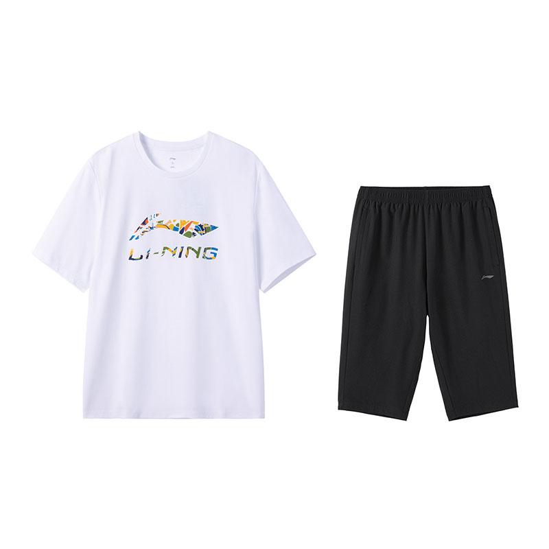 Li-Ning Summer Fashion Short Sleeve T-Shirt Comfortable Casual Three-Quarter Pants Sports Set Men Sets White Black W843-2+W025-1