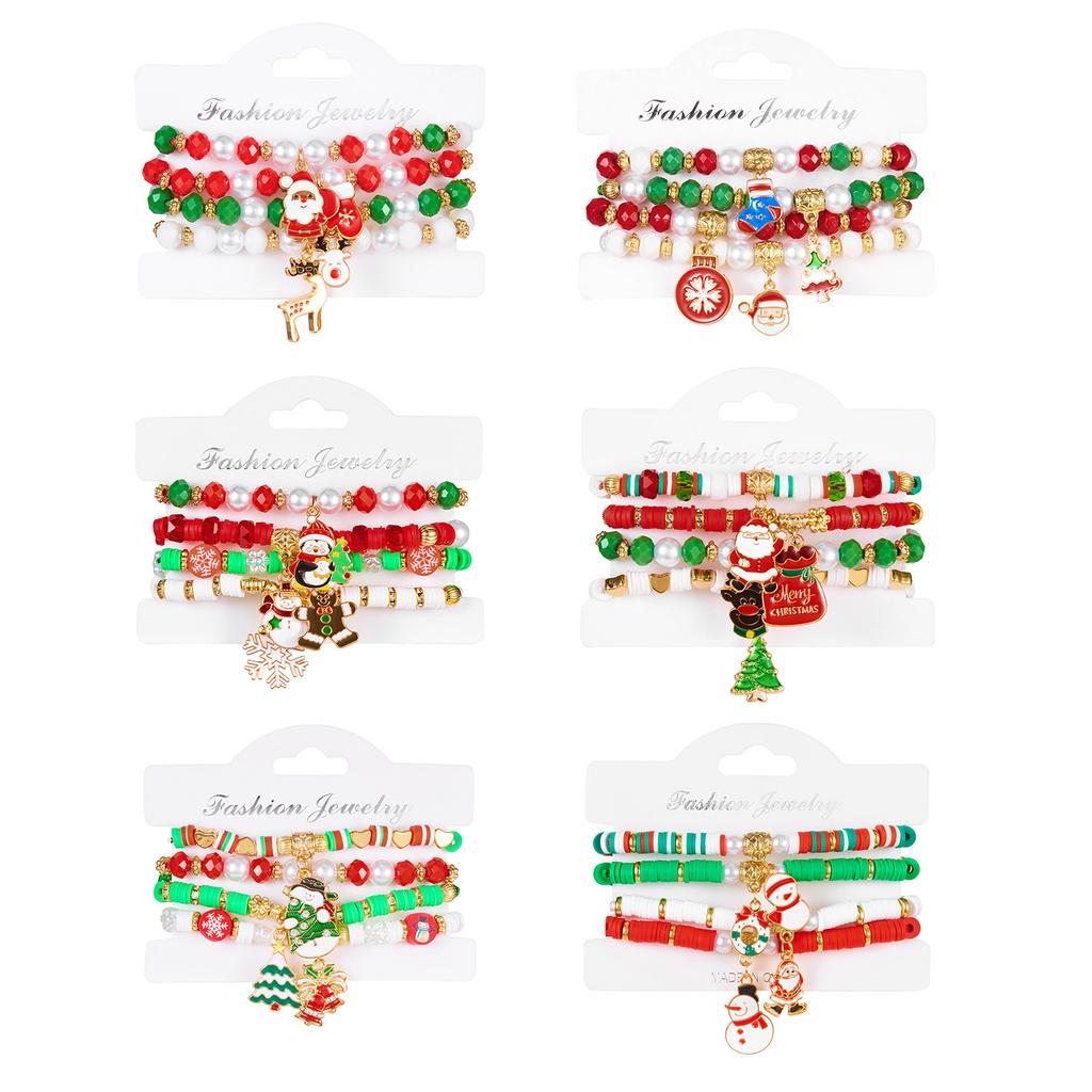 4Pcs/set Christmas Tree Snowflake Bell Elk Colorful Beads Charms Bracelet for Women Crystal Stacking Bracelets Party Jewelry