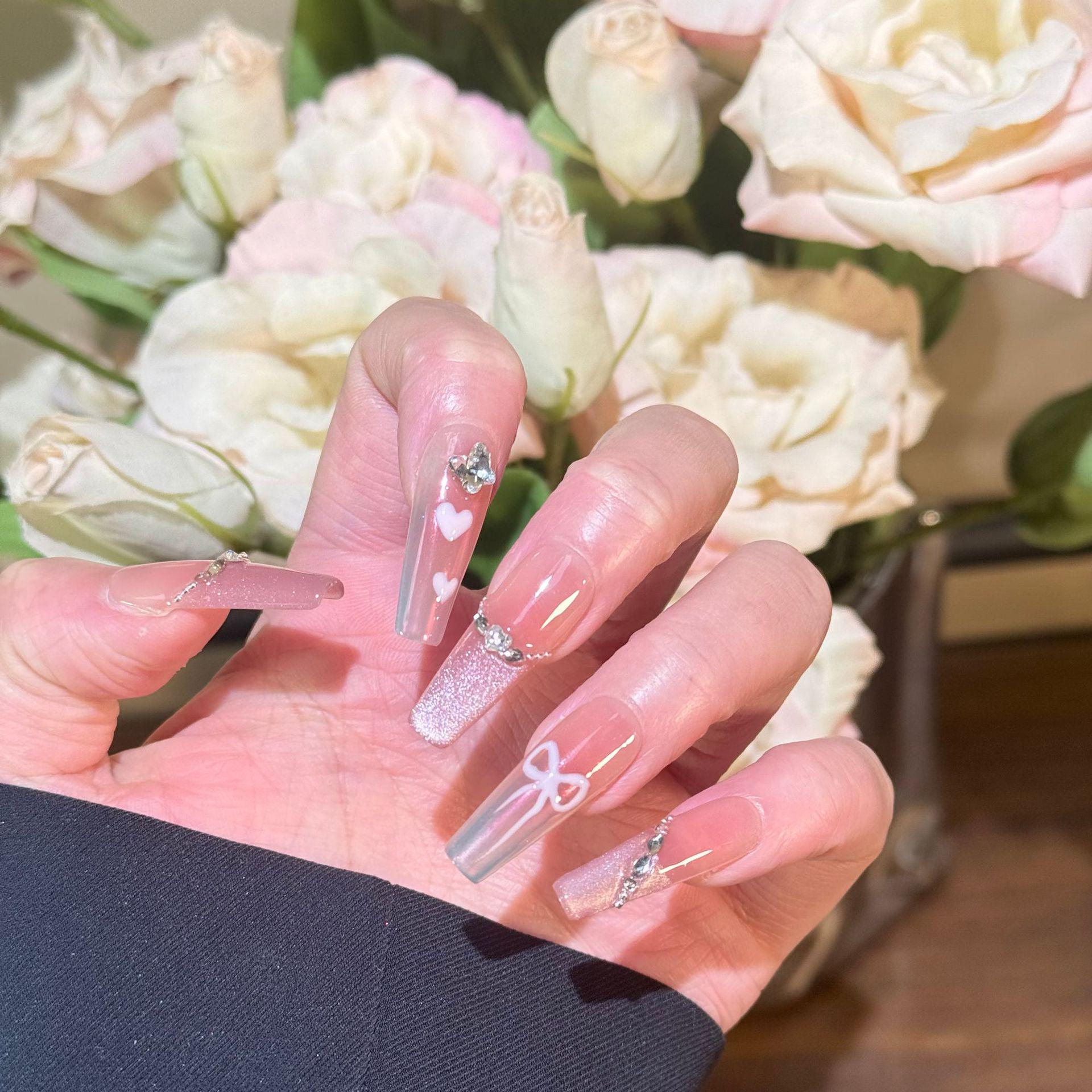 

Розовые Ногти с Мелким Глиттером «Кошачий Глаз» Французский Аврора Накладные Ногти с Дизайном Бантика-Сердечка