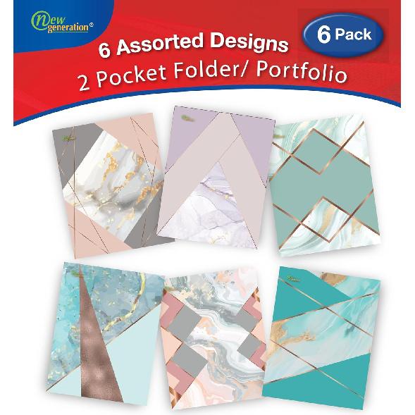 New Generation - Gold Marble Geometric - 2 Pocket Letter Size Folders (6 Pack), Assorted Designs, Heavy Duty & Glossy Laminated