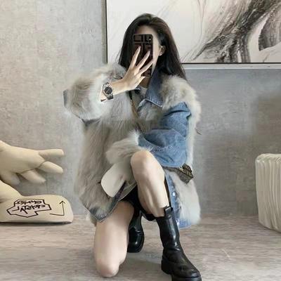 Denim Imitation Fox Hair Splicing Jacket Women's Trendy New Autumn and Winter Fashion Design Texture Niche Cotton Thickened