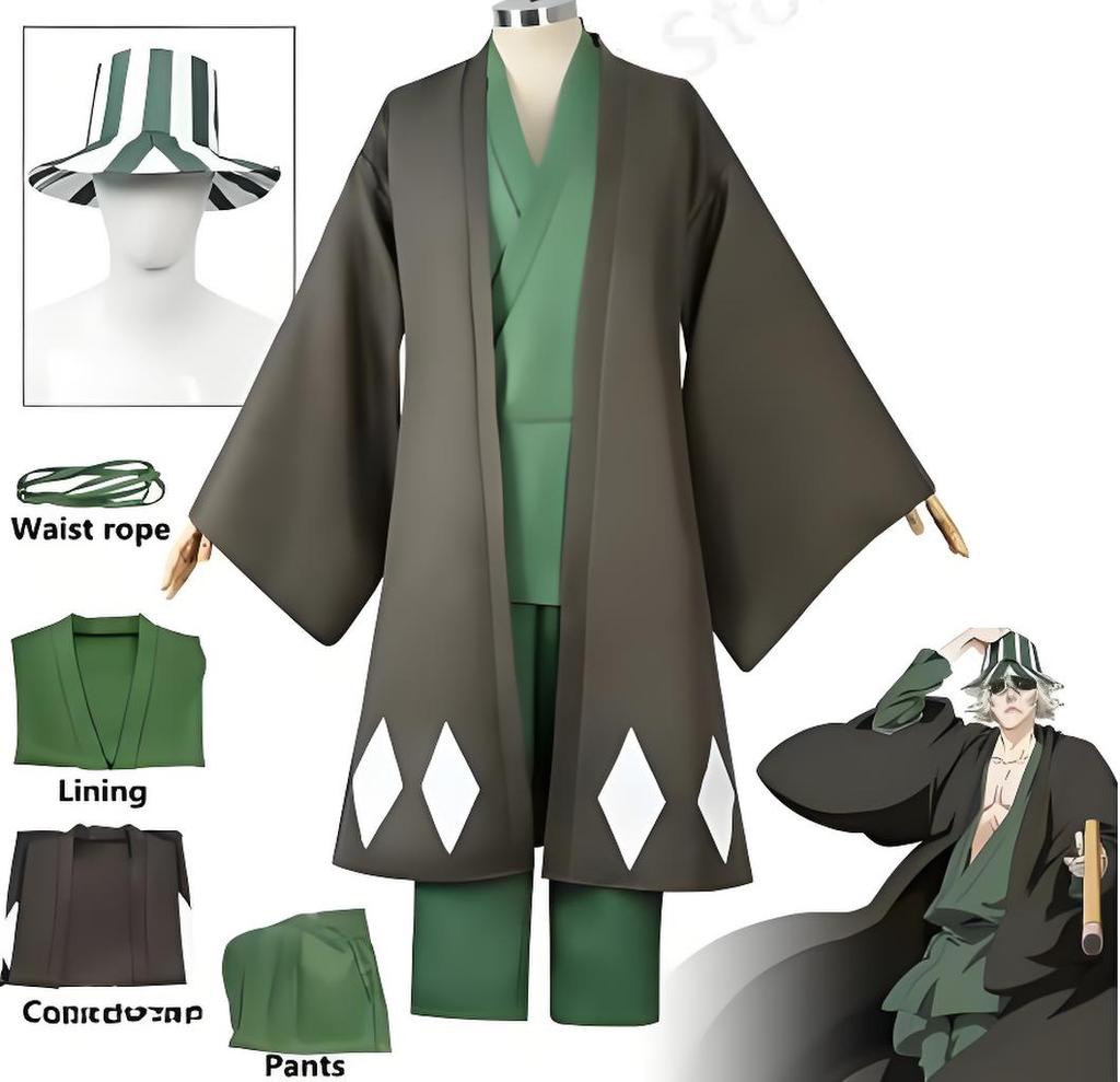 Horké Anime Bleach Cosplay Urahara Kisuke Gotei 13 Kostým Kimono Uniforma Plášť Vrchní díl Kalhoty Klobouk Oblek Pro Halloween Karnevalovou Párty