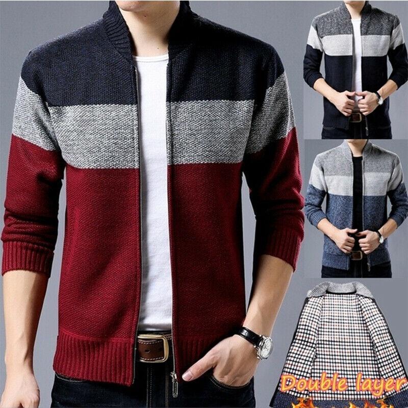 Mens Up Zip Cardigan Sweater Shawl Knitted Jumper Coat Jacket Warm Knitwear Tops