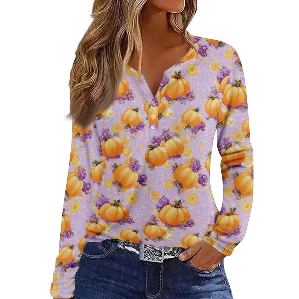 Women's Long Sleeve V-Neck T-Shirt with Button and Halloween Print Casual Top