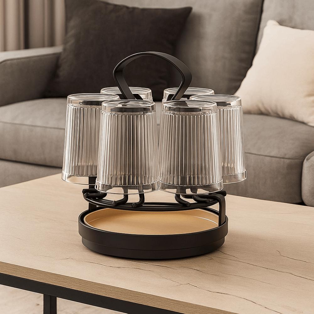 360° Rotation Cup Drain Rack 6 Hooks Large Capacity Glass Holder with Water Drain Tray Space-saving Cup Drying Rack Home Kitchen