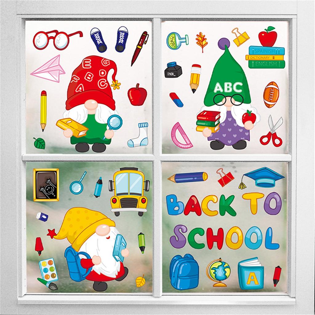 Statisk Dekal för Skolstart, Tecknade Tomtar, Fönsterdekorationer, Dörr- och Fönsterglasdekaler