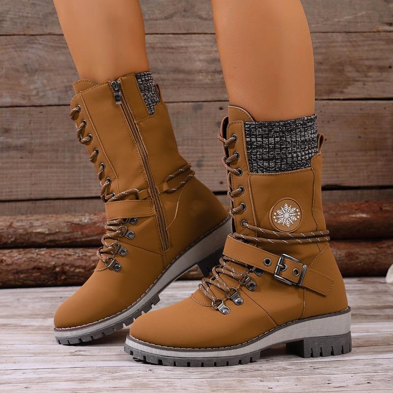 Plus Size Mid-Calf Women's Boots 2025 Winter New Arrival Round Toe, Square Heel Leather Buckle & Knit Panel Combination Martens-Style Boots