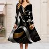 Women Plus Size V Neck Long Sleeve Geometric Printed Black Green A Line Dress With Belt