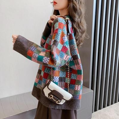 Vintage Plaid Sweater for Women 2022 O Neck Autumn and Winter Loose Long Sleeve Plush Knitwear Sweater Pullover Female Tops