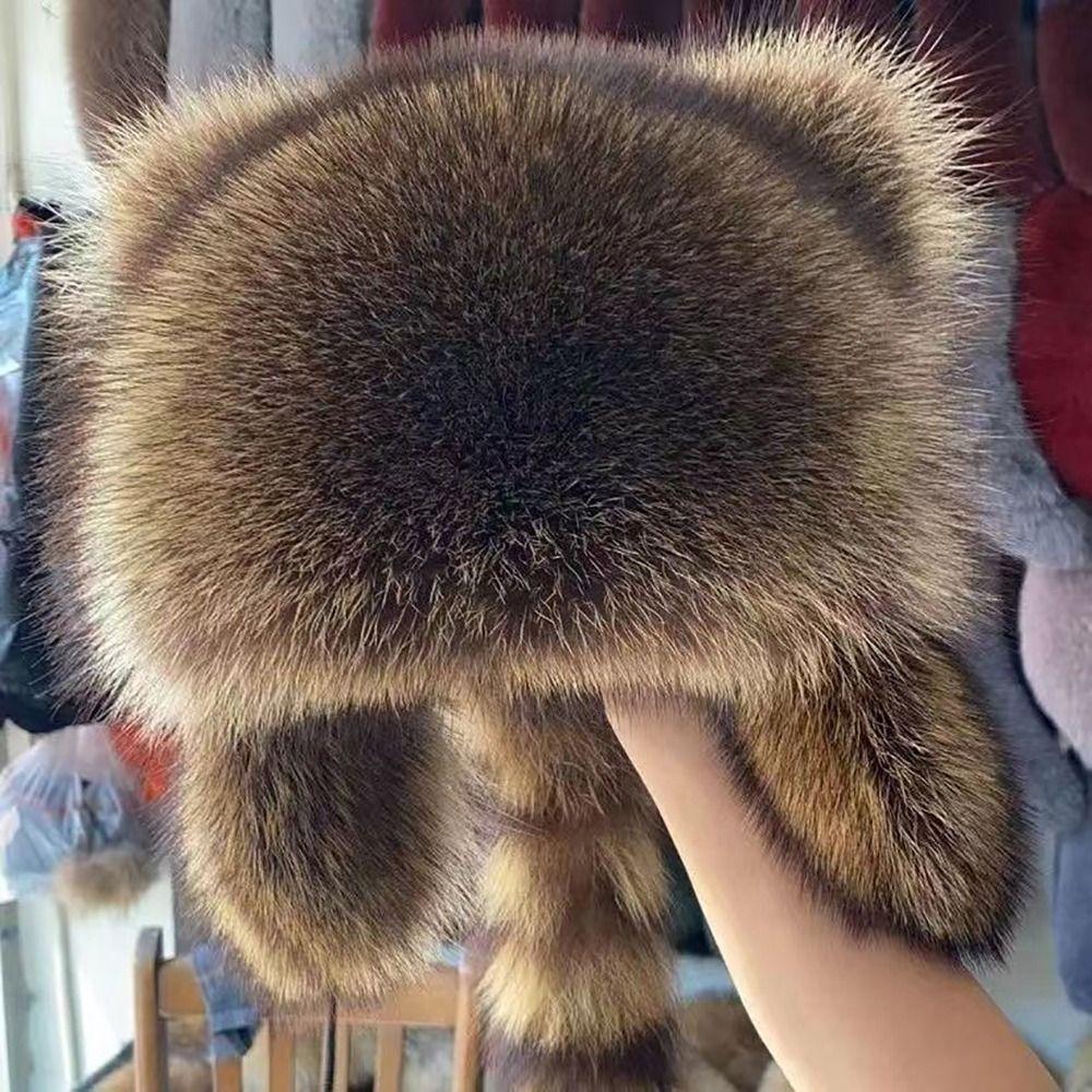 1Pcs New Thickened Raccoon Fur Cap Warm with Fur Balls Bomber Pom Hat Ushanka Fashion Winter Hat for Adult