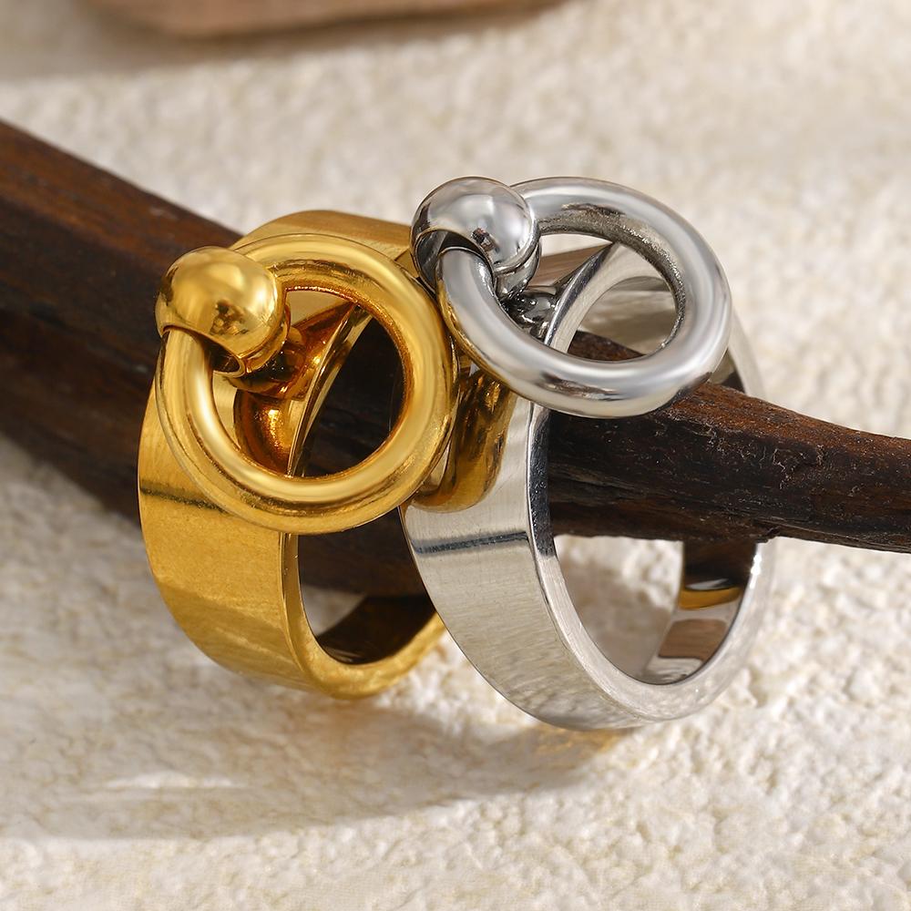 MamacitaSlay Anillo Doble Circular de Acero Inoxidable 316L Chapado en Oro de 18 Quilates Joyería Impermeable Hombres Mujeres Anillo Creativo Genial DIY Regalos