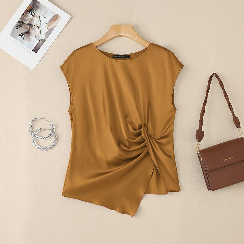 

ZANZEA Женская повседневная блузка с круглым вырезом, однотонная, летняя, с коротким рукавом 3XL хаки