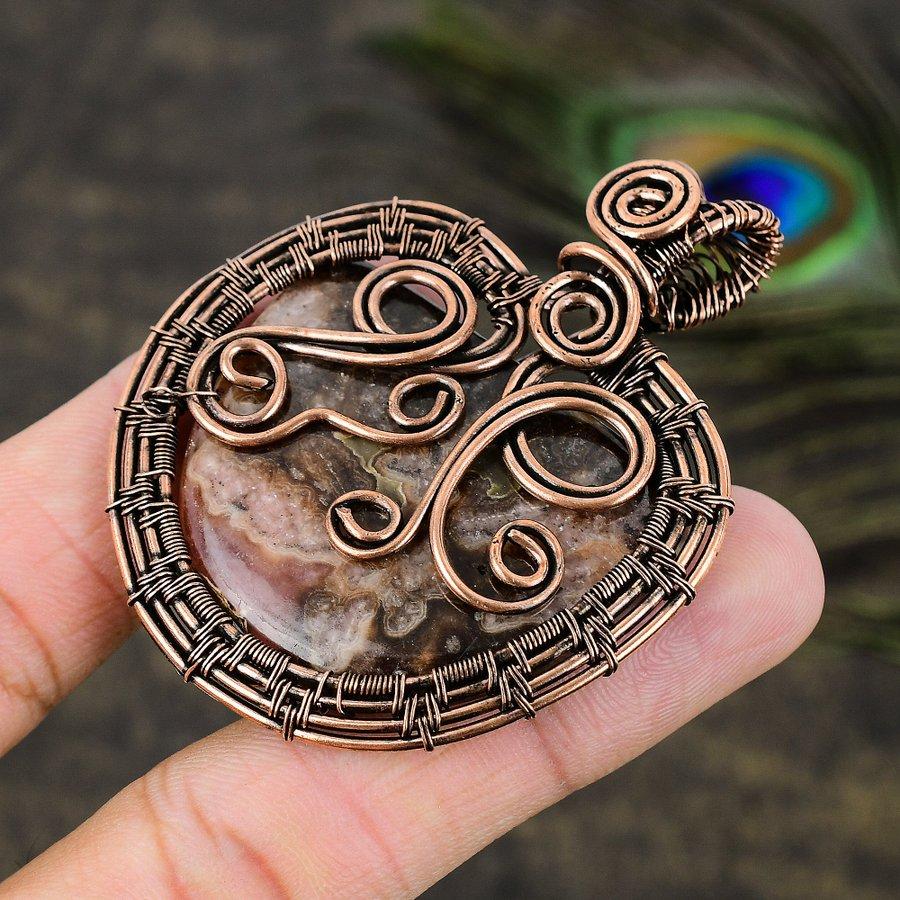 Rhodochrosite Gemstone Copper Wire Wrap Jewelry Pendant 2.56