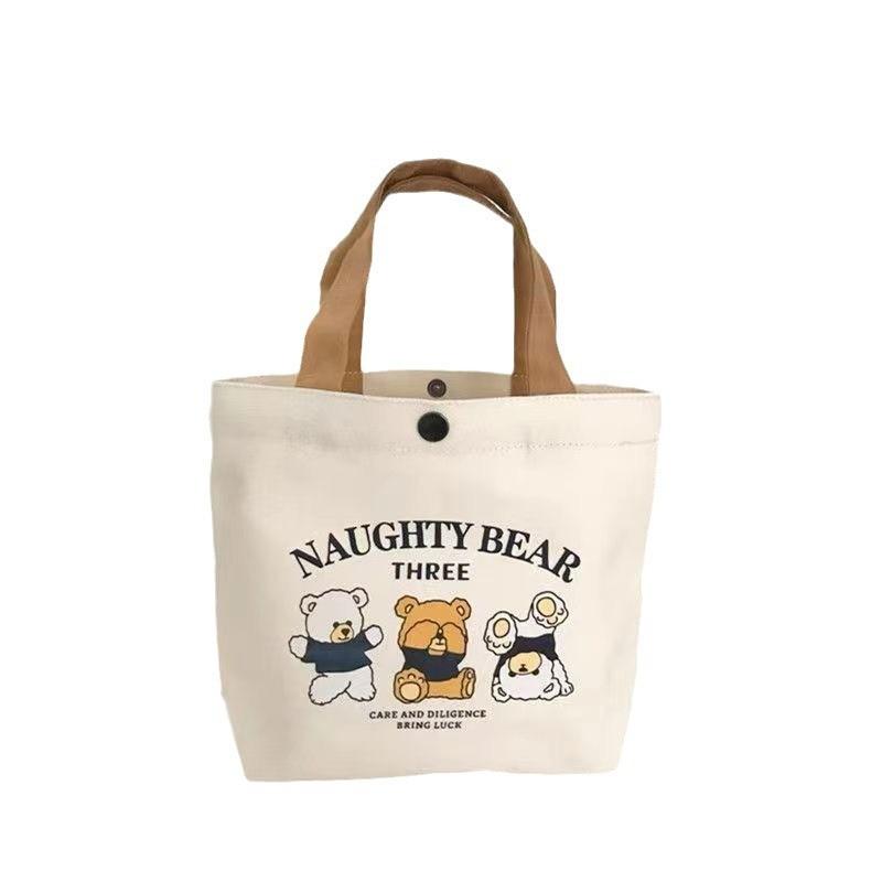 Cute Letters And Cartoon Bear Print Casual Hand Held Canvas Bag For Daily