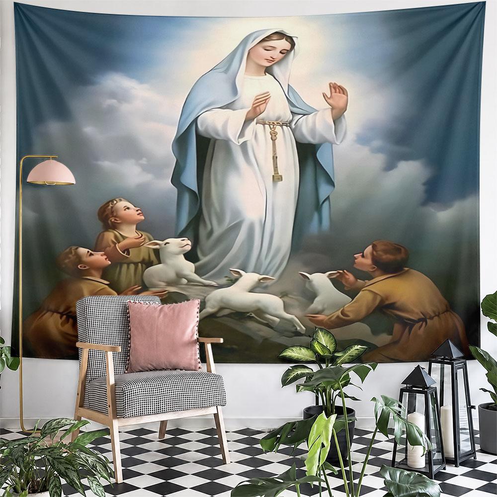 "Virgin Mary with Children and Lambs" Pattern Wall Hanging Tapestry Decorative Tapestry Home Decor for Bedroom and Living Room