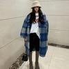 Blue Plaid Jacket Women's Autumn and Winter Loose Retro Mid-length Windbreaker Coat Stacked