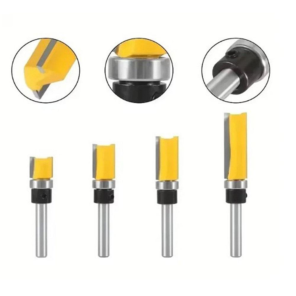4pcs,1/4-Inch Shank Bearing Guided Pattern Router Bit - Woodworking Edge Trimming Tool with Double-Edged Straight Cutter