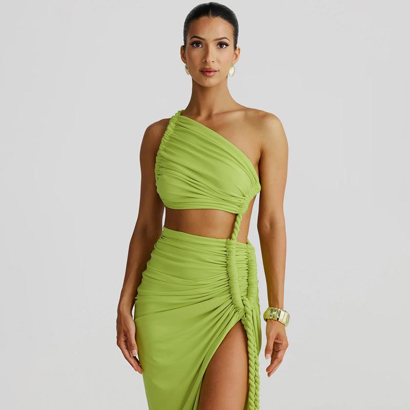 Women's autumn new fashion one shoulder tube top halter hollow tether pleated dress