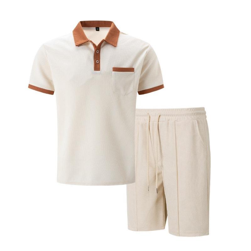Set de shorts și tricou polo pentru bărbați, cu mânecă scurtă, guler cu nasturi și buzunar, ținută casual din două piese
