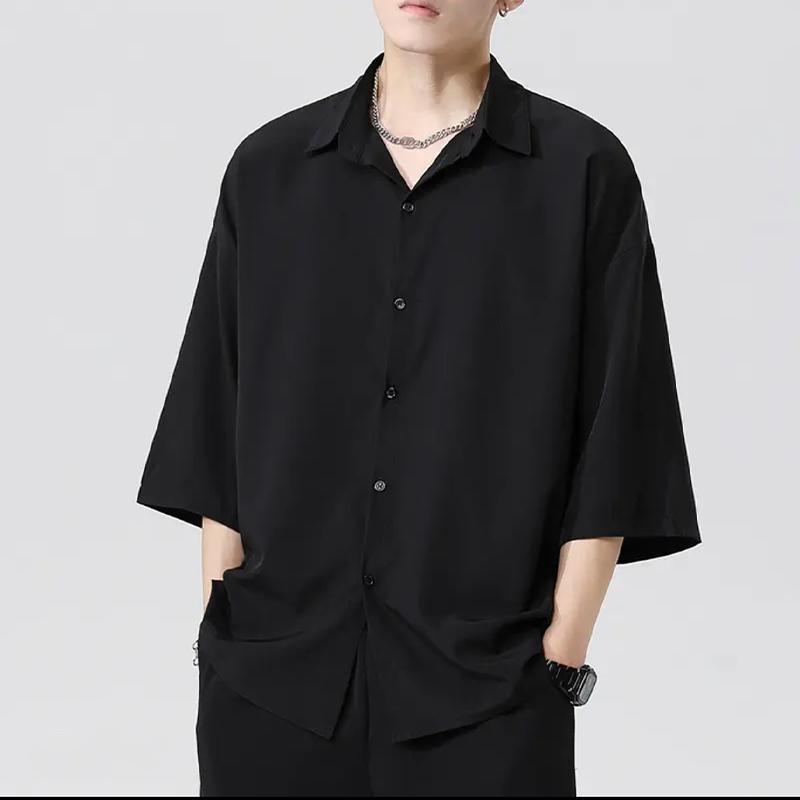 

Men Oversized Three Quarter Sleeve Shirt Button Down Solid Color Loose Fit Casual Streetwear Top M чорний