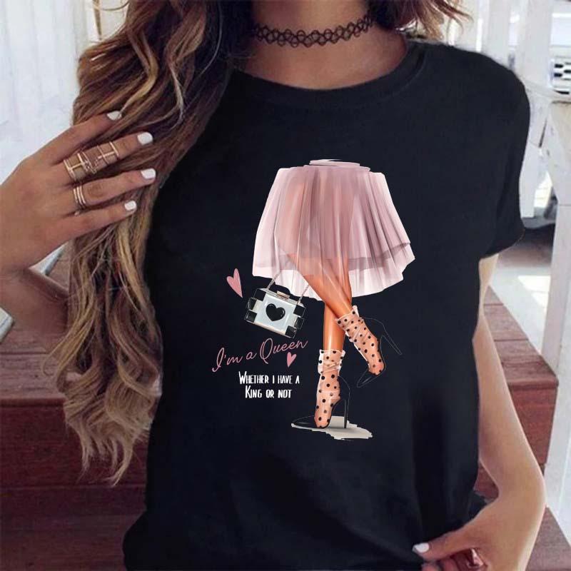 Women's Top Urban Girl Printed Casual White Cute Simple Retro Front Shoulder Pure Cotton Short Sleeved T-Shirts Women’s