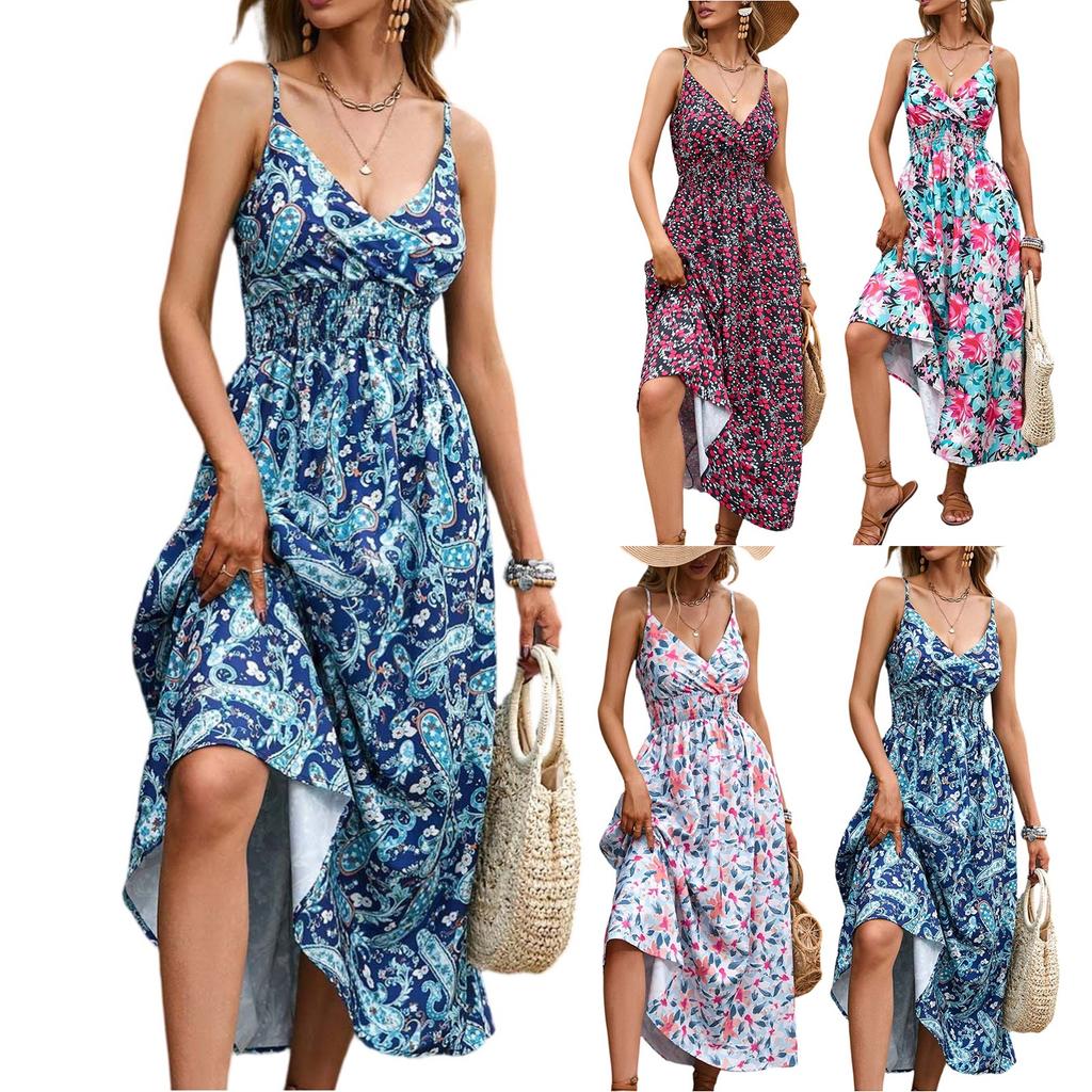 Women's Dresses Casual Elegant Floral Printed Strapless Stretch Belt V-Neck Dresses