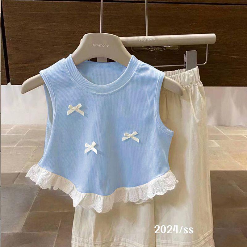 

Жилет без рукавов с бантом и кружевом для девочек - Милый летний корейский стиль 90cm