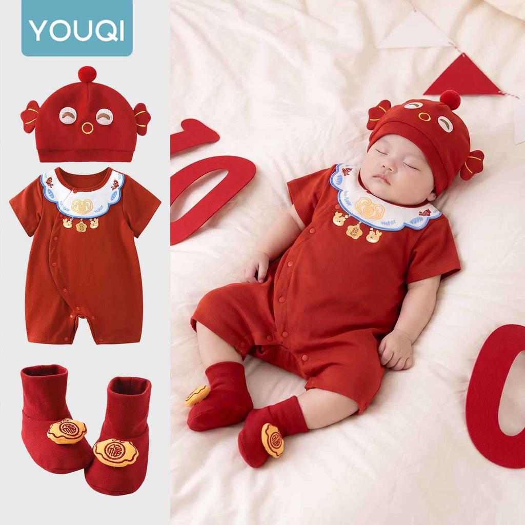 Youqi Festive Red Romper for Newborns – First Birthday & 100 Days Celebration