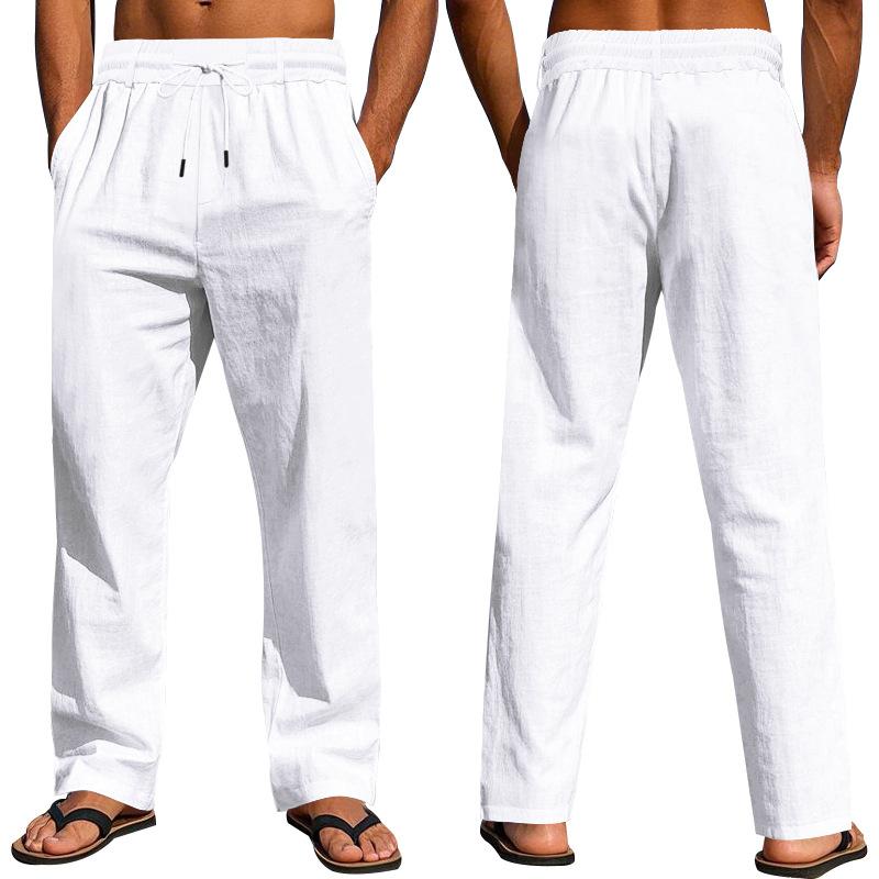 Men's Casual Linen Breathable Comfortable Loose Drawstring Beach Tracksuit Pants for Men