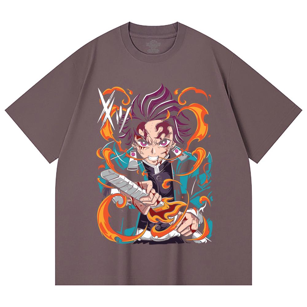 230 Gsm 100% Cotton Demon Slayer V64 Tanjiro Fire Breathing Print Unisex Heavy Cotton T Shirt