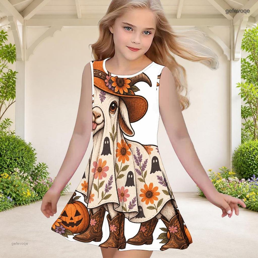 Girls Round Neck Sleeveless Cartoon Chicken Pumpkin Printed A Line Flared Dress